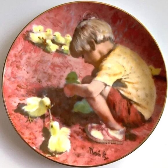 NEW VINTAGE BOY AND CHIKEN "FEEDING TIME" PLATE 80S - Picture 1 of 8